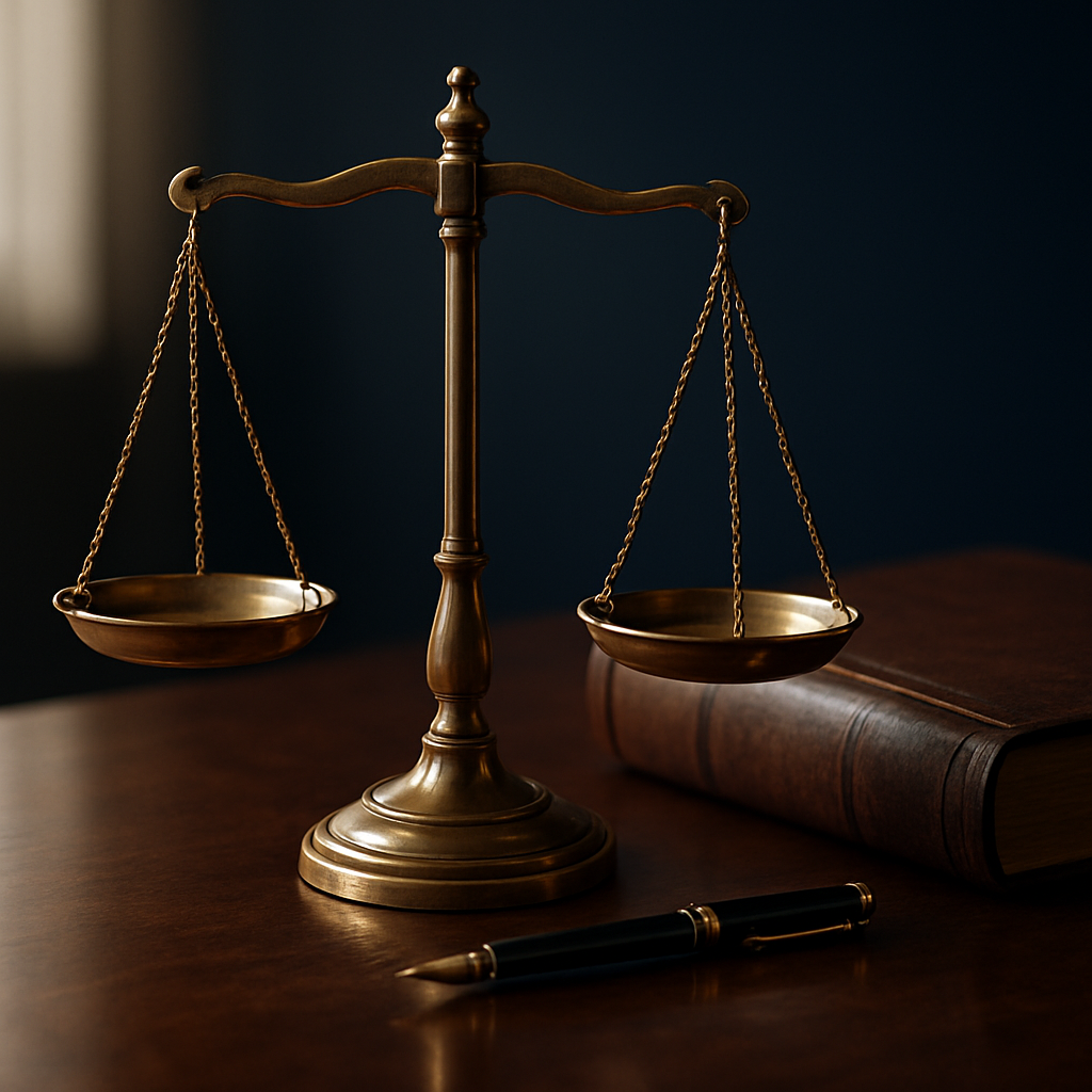 Brass balance scales of justice on a polished desk beside a law book