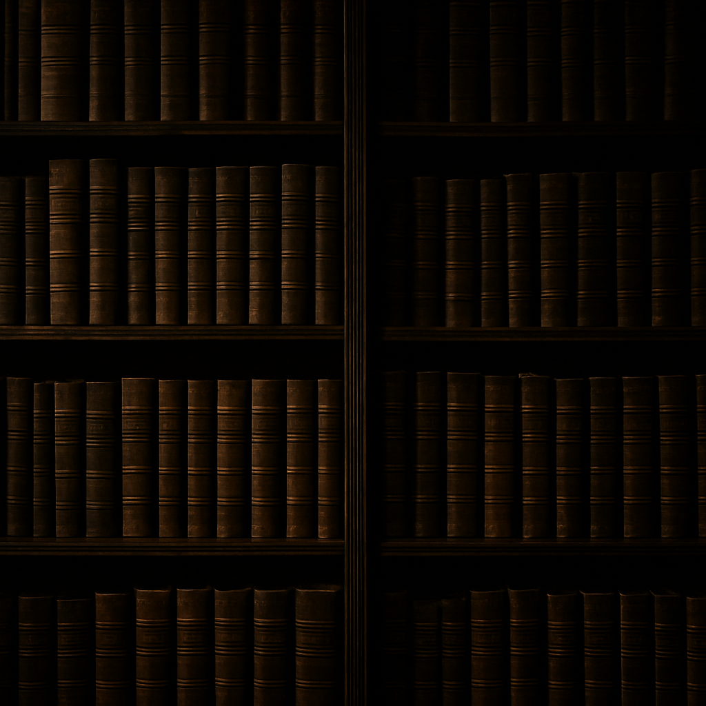 Wall of leather-bound legal volumes in a dark law library